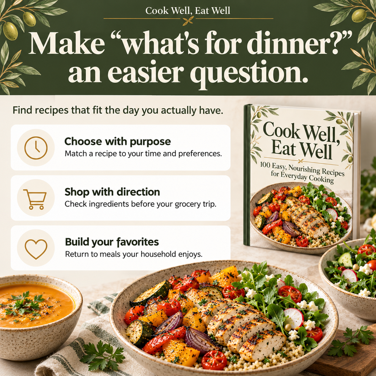 Cook Well, Eat Well: choose meals with purpose, shop with direction and build household favorites.