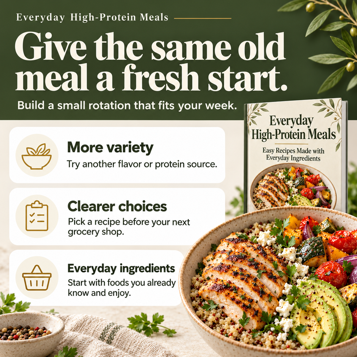 Everyday High-Protein Meals: more variety, clearer meal choices and everyday ingredients.
