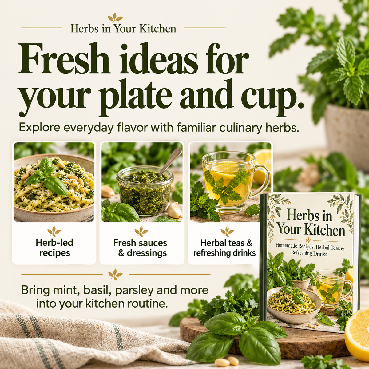 Herbs in Your Kitchen: herb-led recipes, fresh sauces and dressings, herbal teas and refreshing drinks.