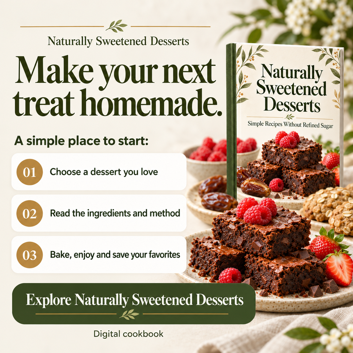 Naturally Sweetened Desserts: choose a dessert, read the recipe, bake and save your favorites.